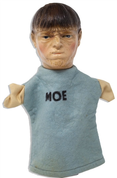 Moe Howard Hand Puppet, Circa 1937 -- With Painted Composite Head & Felt Hands & Shirt, Measuring 11'' Tall x 8'' Across -- Small Cracks at Back of Head, on Neck, Overall Very Good Plus -- Very Rare